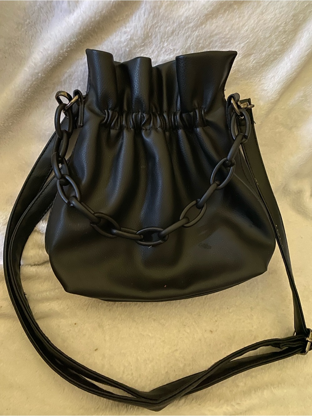 Black Drawstring Pouch Bag with Chain Accent